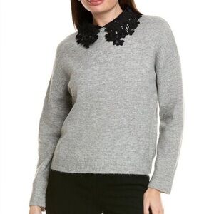Ellen Tracy Rhinestone embellished gray sweater with floral lace collar. SzS NWT